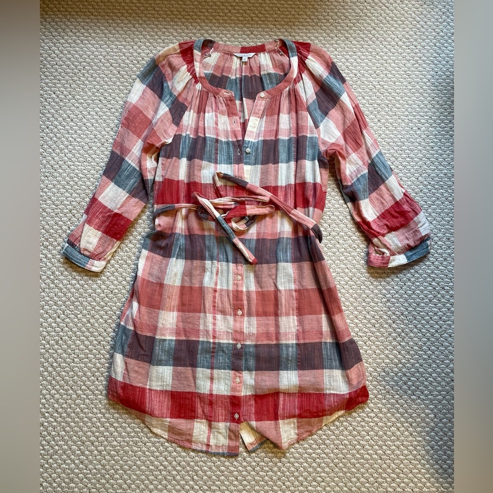 Lucky Brand Plaid Button-Up Dress with belt size L cotton/linen